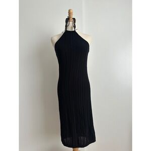 Lauren Ralph Lauren Black Pointelle Knit Halter Midi Dress Beaded Straps S NEW